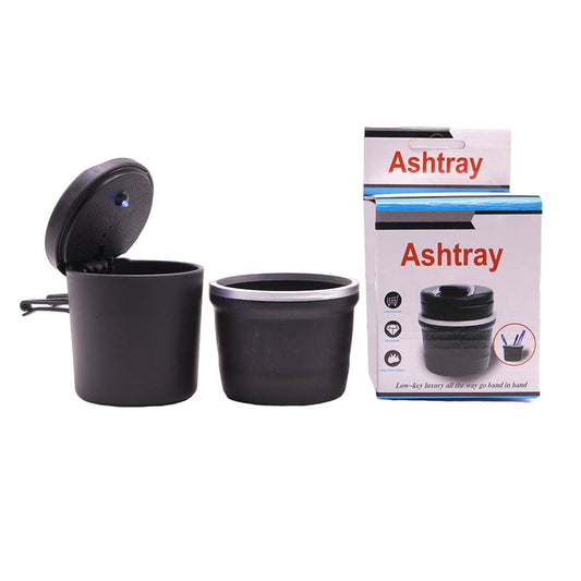 Portable car ashtray resting in a vehicle cup holder with a secure closing lid