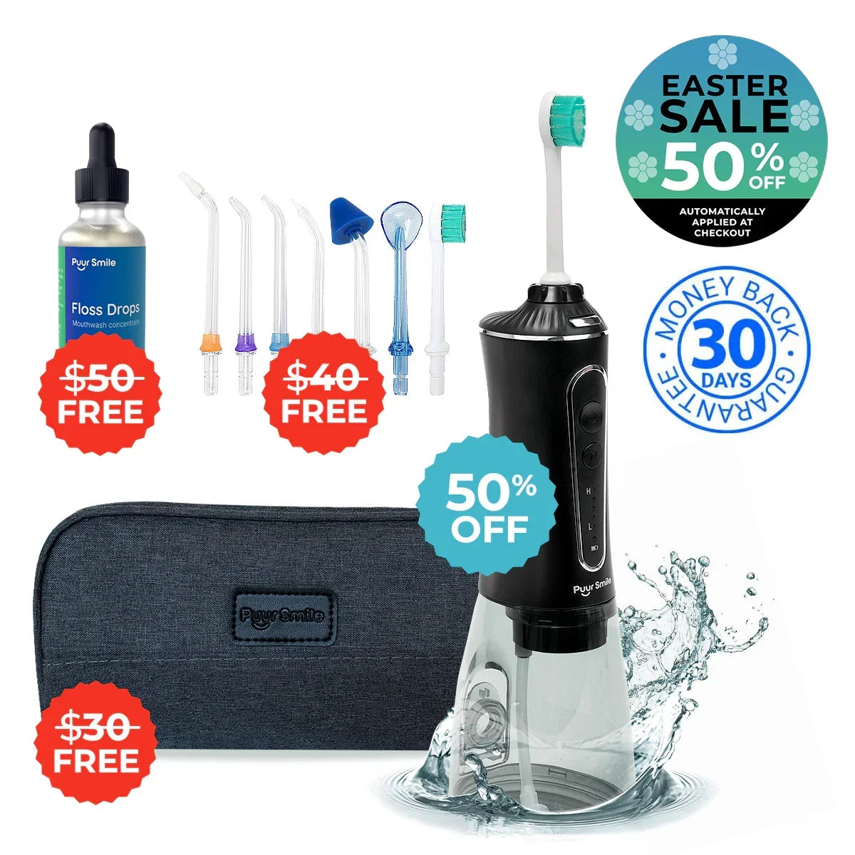 PuurSmile water flosser with multiple cleaning tips for daily oral hygiene and gum care