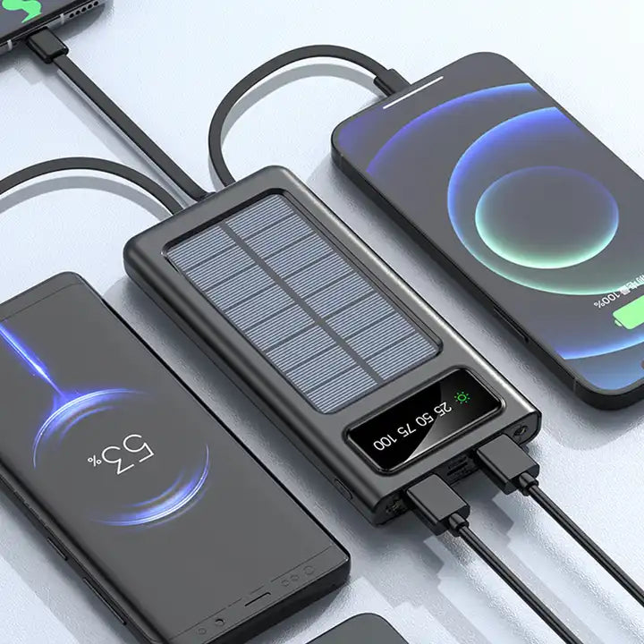 Solar power bank with 20000mAh capacity and built in fast charging cables for travel.