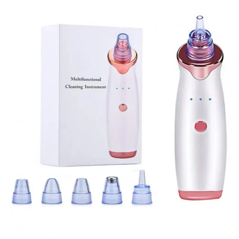 White and rose gold blackhead remover vacuum with five suction attachments for facial cleansing