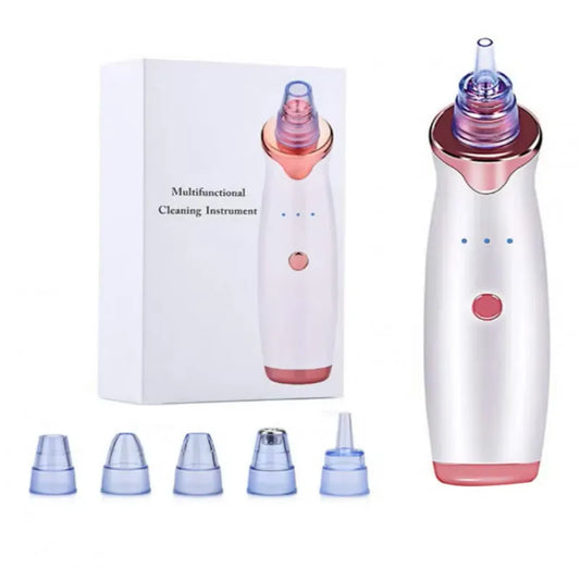 White and rose gold blackhead remover vacuum with five suction attachments for facial cleansing