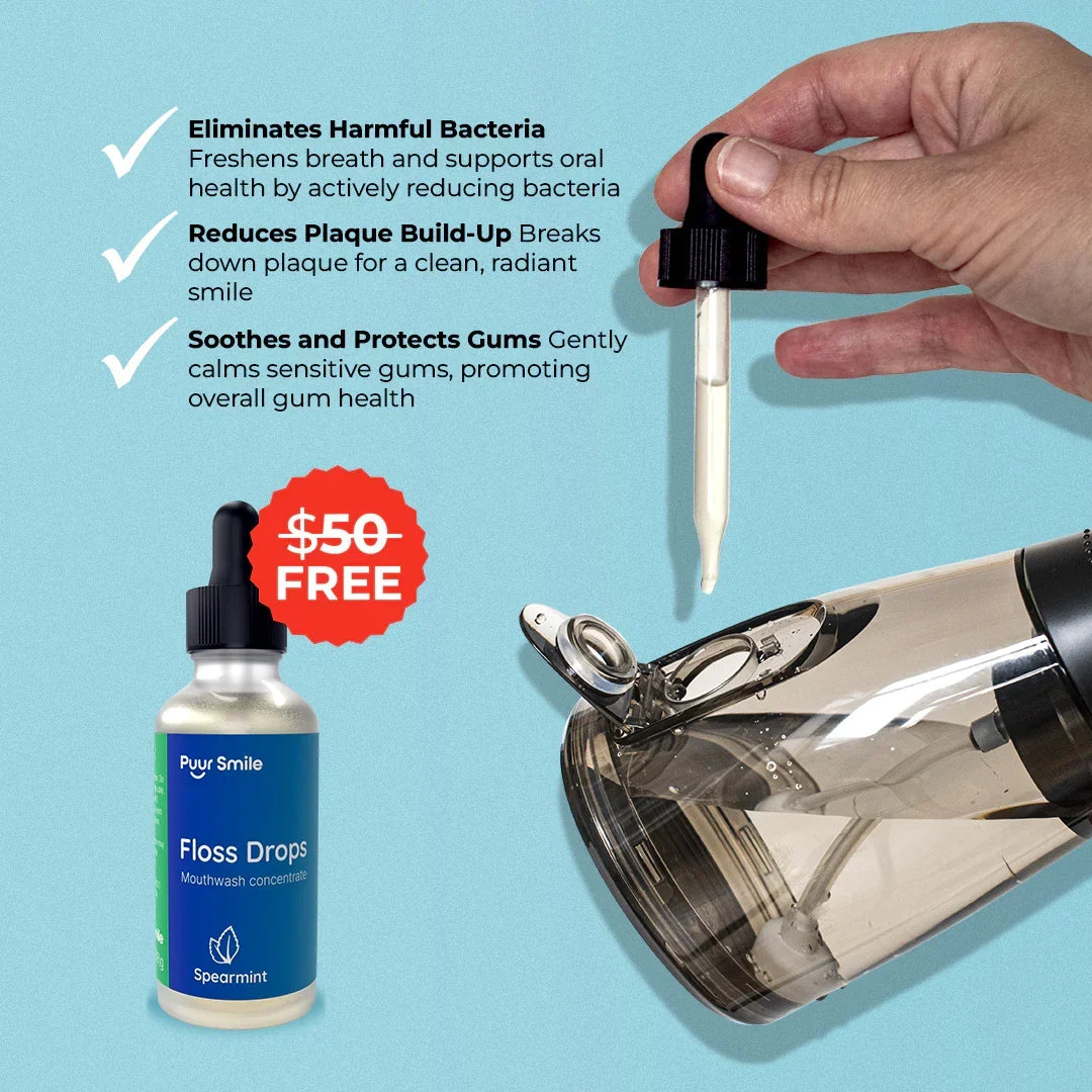 Handheld water flosser device on bathroom counter for daily dental cleaning