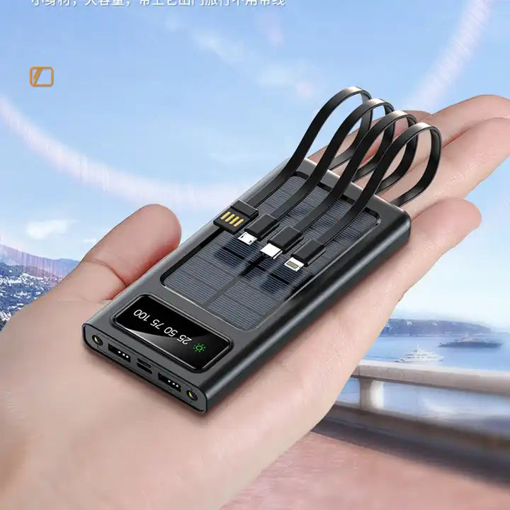 Solar power bank with 20000mAh capacity showing built-in fast charging cable for portable device use