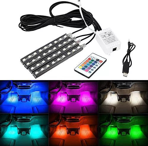 RGB car interior neon light strips installed under dashboard with wireless remote control