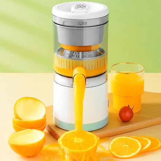 Rauf automatic fruit juicer extracting fresh orange juice into a glass on a kitchen counter