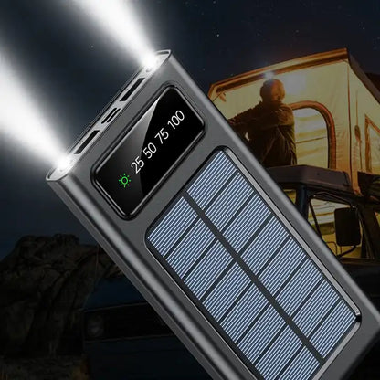 Solar power bank with 20000mAh capacity featuring fast charging and built in cables for travel.