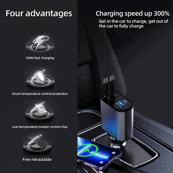 BRELZA 4-in-1 retractable car charger with extended cables plugged into a vehicle power outlet.