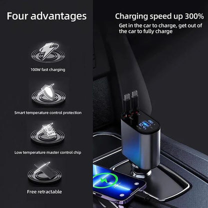BRELZA 4-in-1 retractable car charger with extended cables plugged into a vehicle power outlet.