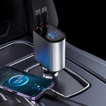 BRELZA 4-in-1 retractable car charger plugged into vehicle power outlet charging multiple devices