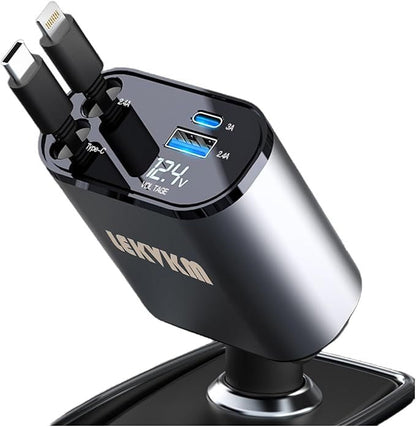 BRELZA 4-in-1 retractable car charger showing extended cables for charging multiple devices simultaneously