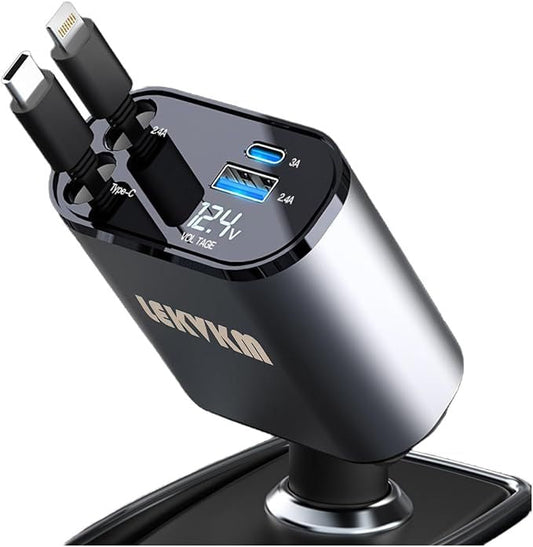 BRELZA 4-in-1 retractable car charger showing extended cables for charging multiple devices simultaneously