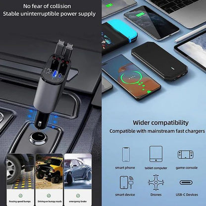 BRELZA 4-in-1 multi car charger with retractable cables charging multiple devices in a vehicle