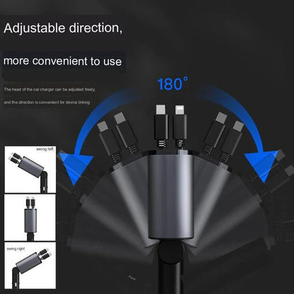 BRELZA 4-in-1 retractable car charger with extended cables plugged into a vehicle power outlet