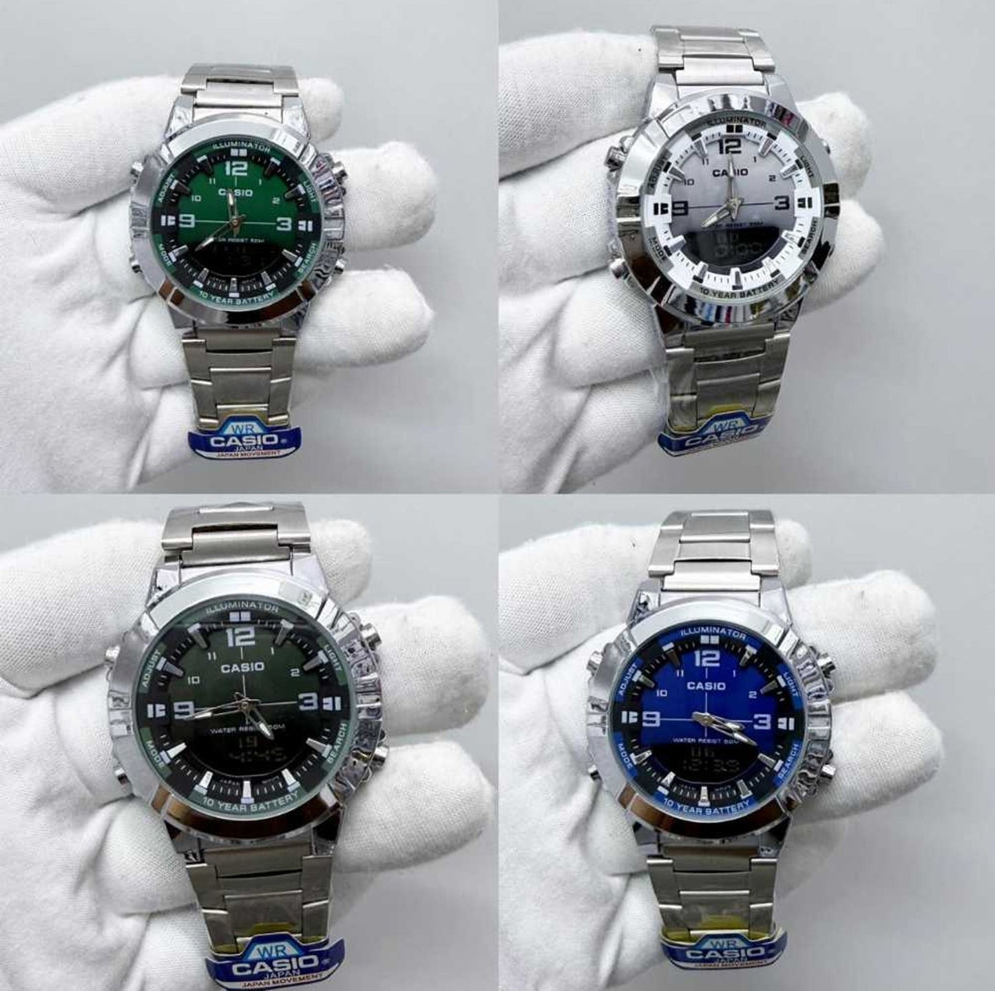 Casio men's analog digital watch displayed in four color variations for everyday use