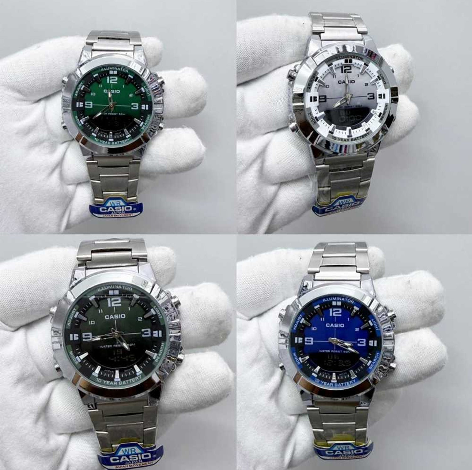 Casio men's analog digital watch displayed in four color variations for everyday use