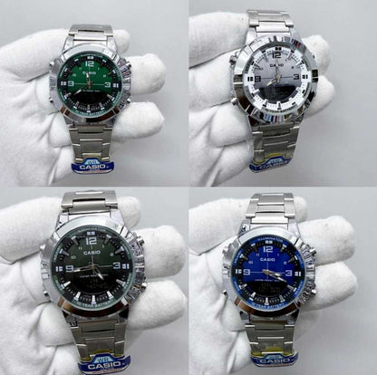 Casio men's analog digital watch displayed in four color variations for everyday use