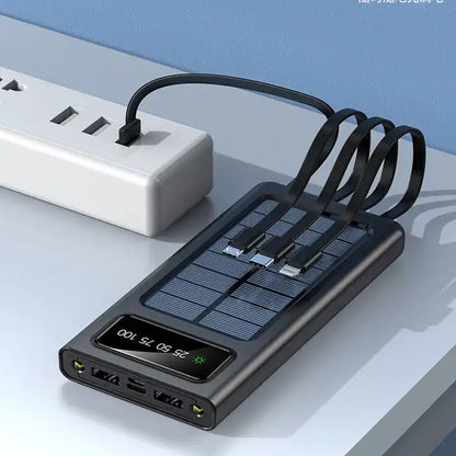 Solar power bank with 20000mAh capacity showing built-in fast charging cables for portable use.