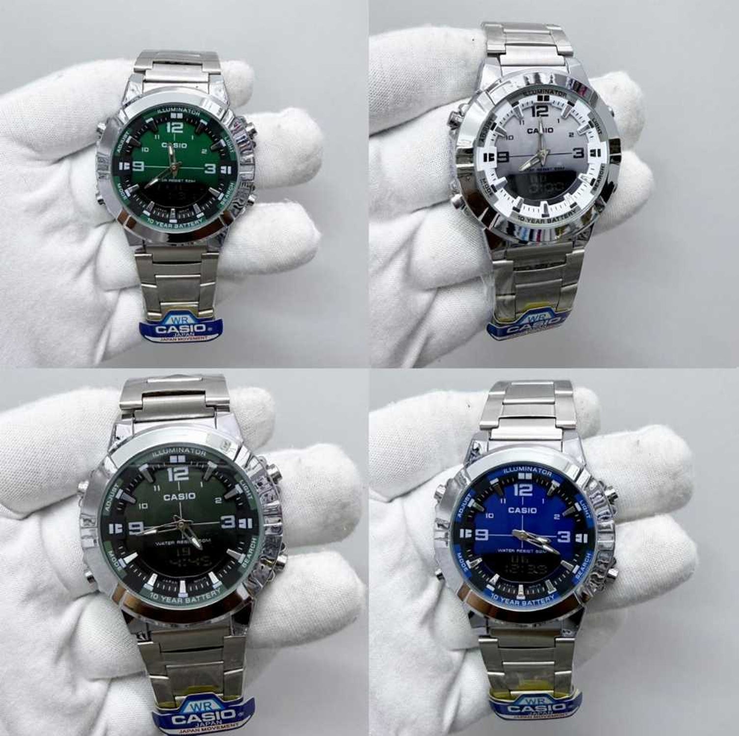 Four color variations of a Casio men's analog digital watch for everyday wear
