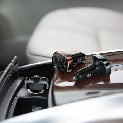 T-Type Bluetooth MP3 car charger with USB ports and digital display plugged into vehicle power socket