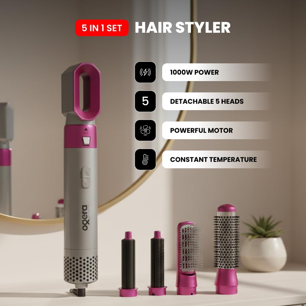 BRELZA 5-in-1 hot air brush styler displaying five interchangeable attachments for blow drying and styling hair