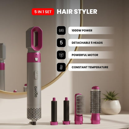 BRELZA 5-in-1 hot air brush styler displaying five interchangeable attachments for blow drying and styling hair
