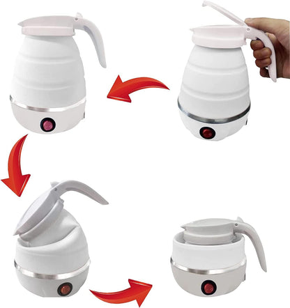 Compact portable electric kettle with travel handle and power cord for boiling water on trips