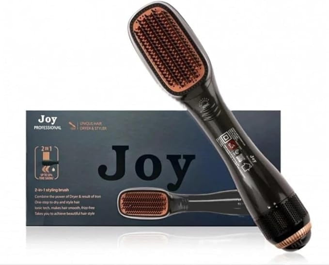 Handheld hot air styling comb with bristle barrel and control buttons for drying and straightening hair