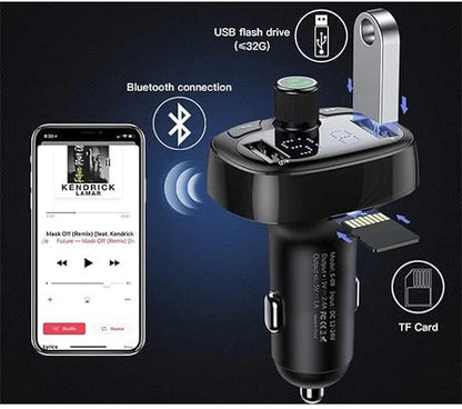 T-Typed Bluetooth MP3 car charger with FM transmitter and dual charging ports for vehicle use.