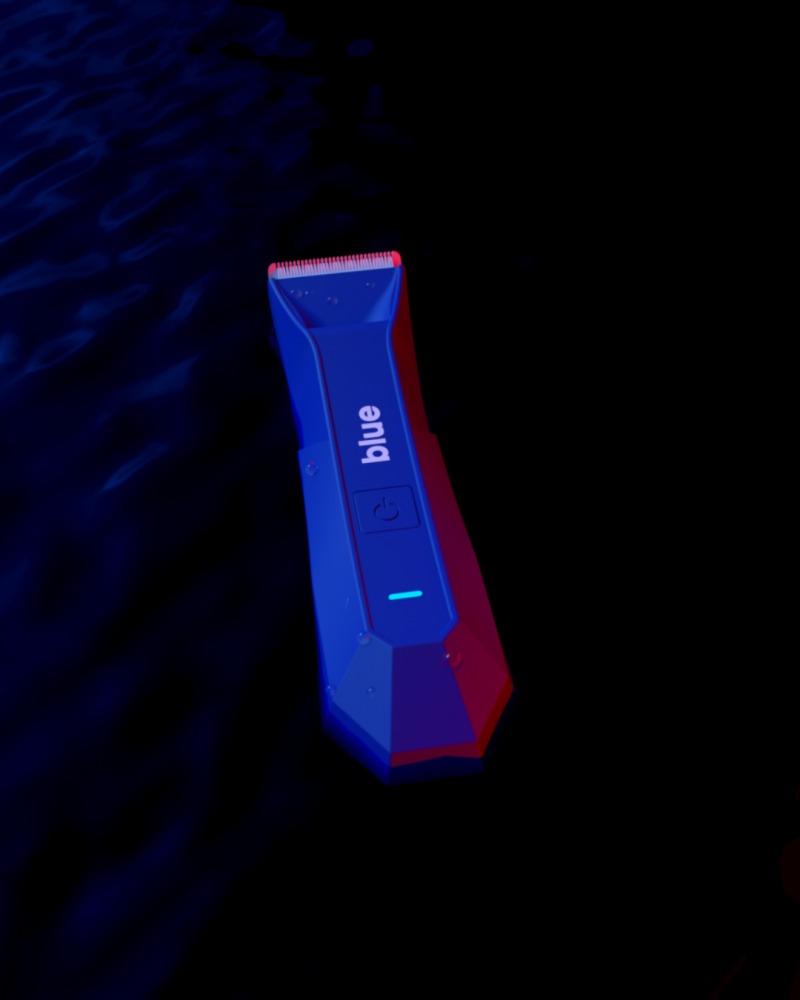Blue electric shaver displayed on neutral background for daily facial hair grooming