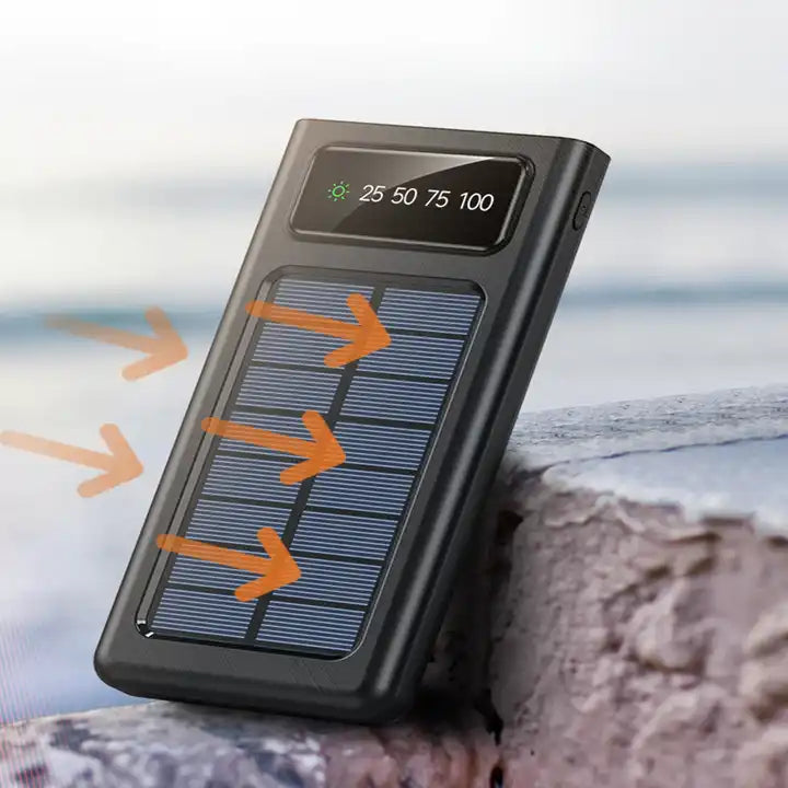 Solar power bank with 20000mAh capacity and built in fast charging cable on white background