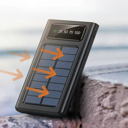 Solar power bank with 20000mAh capacity and built in fast charging cable on white background