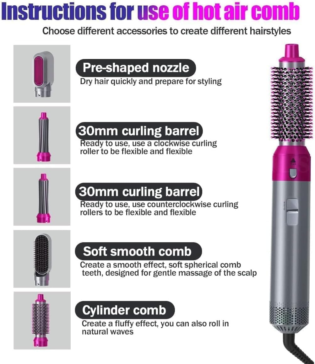 BRELZA 5-in-1 hot air brush styler with interchangeable attachments for drying and styling hair