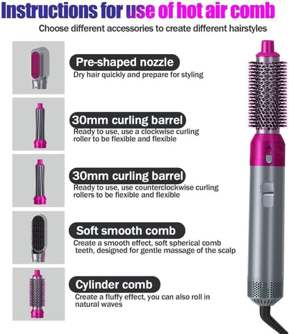 BRELZA 5-in-1 hot air brush styler with interchangeable attachments for drying and styling hair