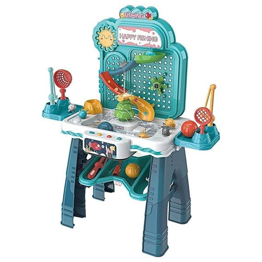 Happy Fishing magnetic game set with rods and fish pieces arranged on a play board for kids.