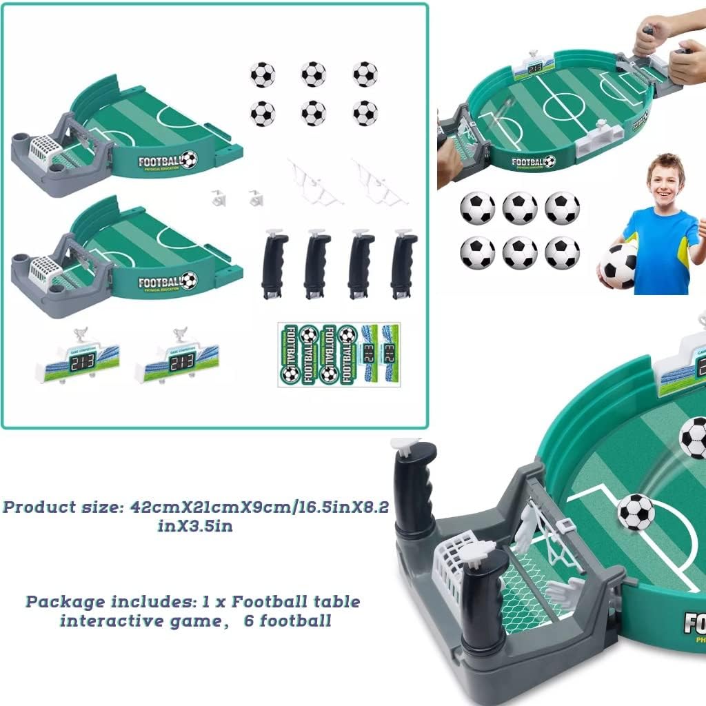 Mini football table game showing a compact tabletop soccer layout with manual control rods and small players.