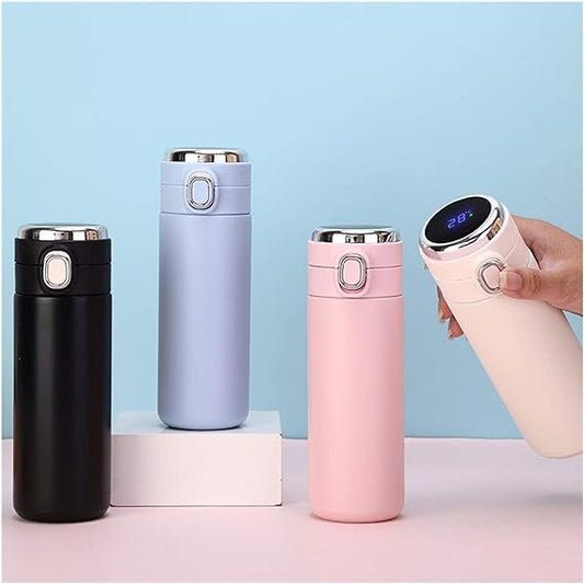 Stainless steel insulated water bottle standing upright with a secure lid for daily hydration.