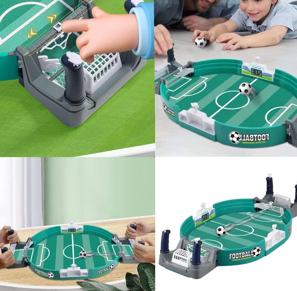 Mini football table game with a green pitch and miniature players for indoor desk play