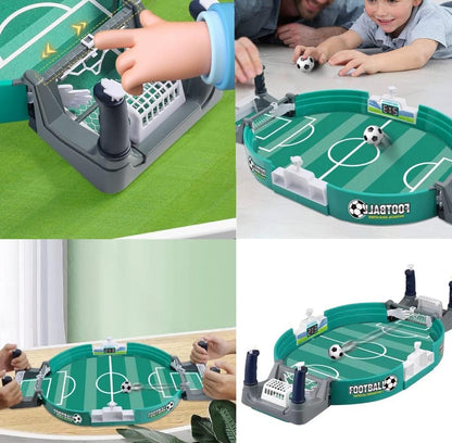 Mini football table game with a green pitch and miniature players for indoor desk play