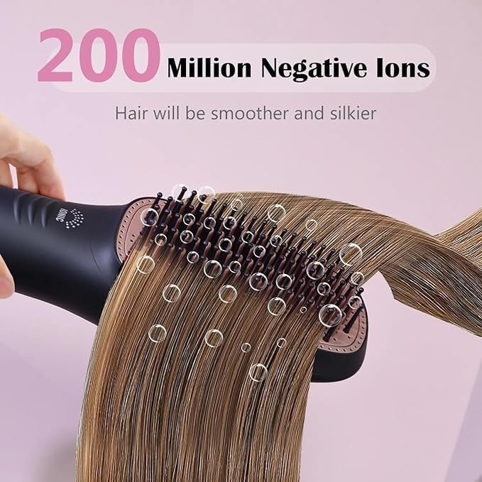 Hot air styling comb showing brush head and handle for drying and straightening hair
