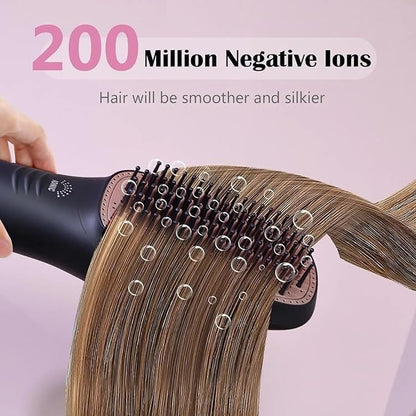 Hot air styling comb showing brush head and handle for drying and straightening hair