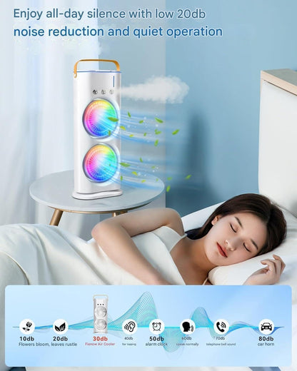 Handheld rechargeable double ended spray fan with dual misting nozzles for portable cooling
