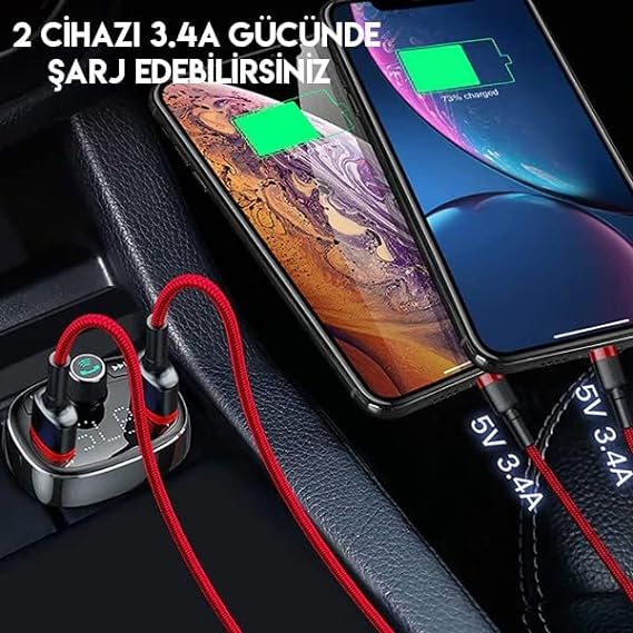 T-Type Bluetooth MP3 car charger plugged into a vehicle power socket for wireless music streaming and charging.