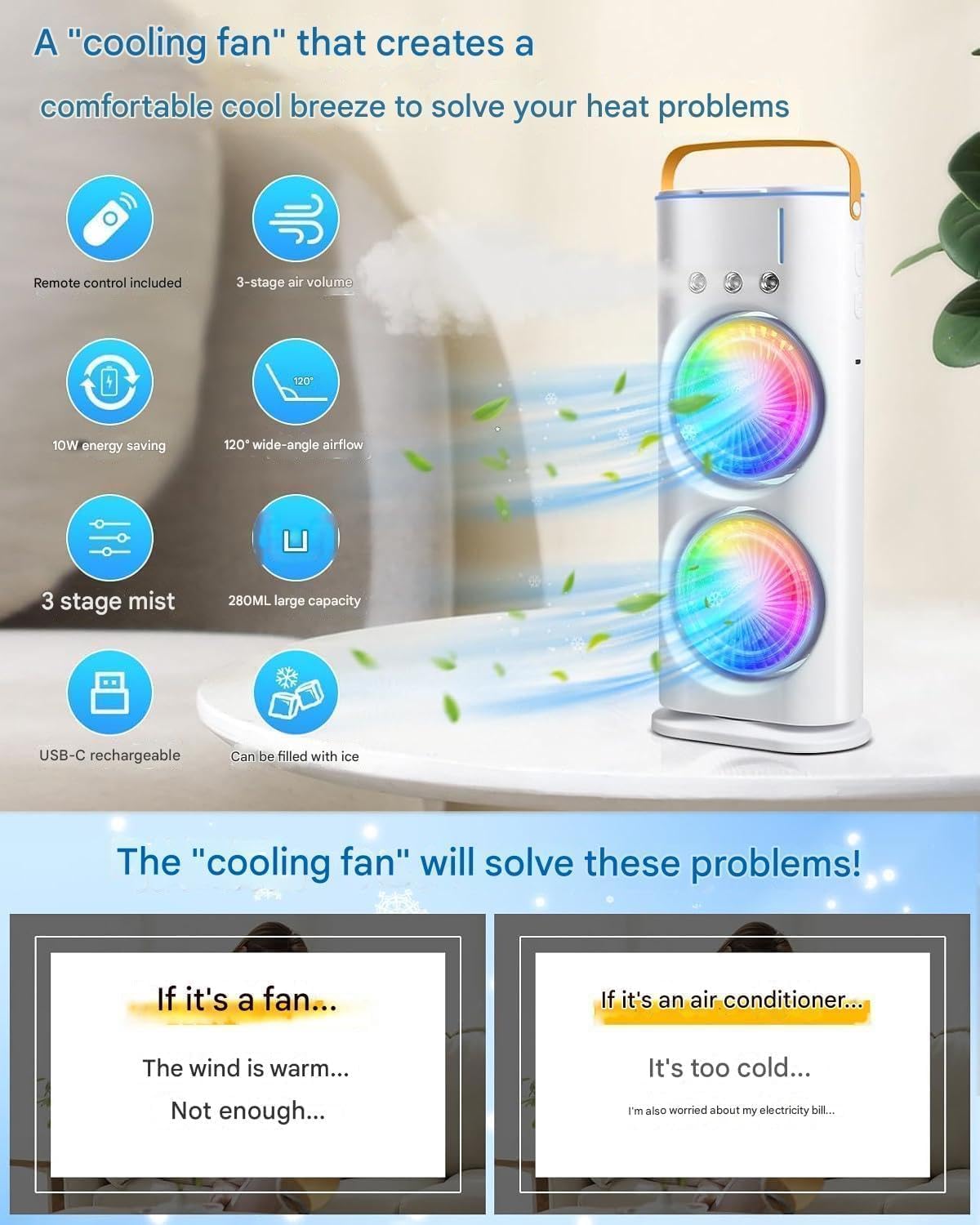 Handheld rechargeable double ended spray fan with misting nozzle and cooling airflow for outdoor use