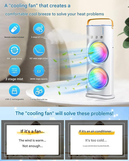 Handheld rechargeable double ended spray fan with misting nozzle and cooling airflow for outdoor use