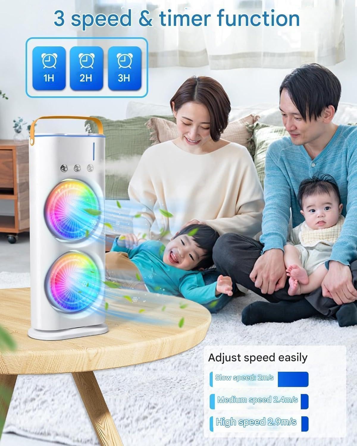 Rechargeable double ended spray fan showing dual misting vents and compact handheld design for personal cooling