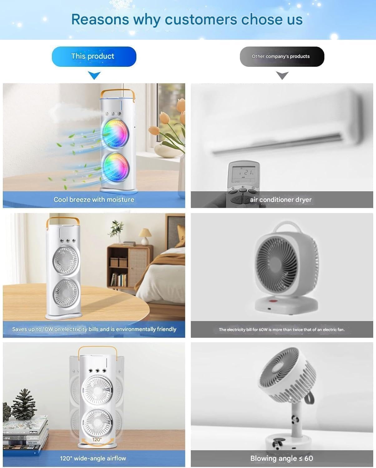Rechargeable double ended spray fan showing misting nozzle and fan blades for portable outdoor cooling
