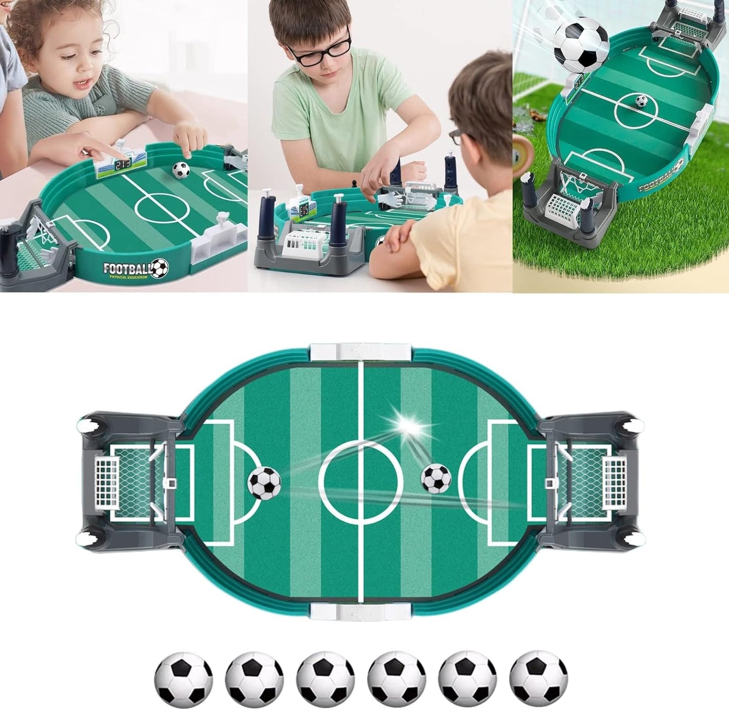 Mini football table game with manual rotating rods and a compact desktop play area.