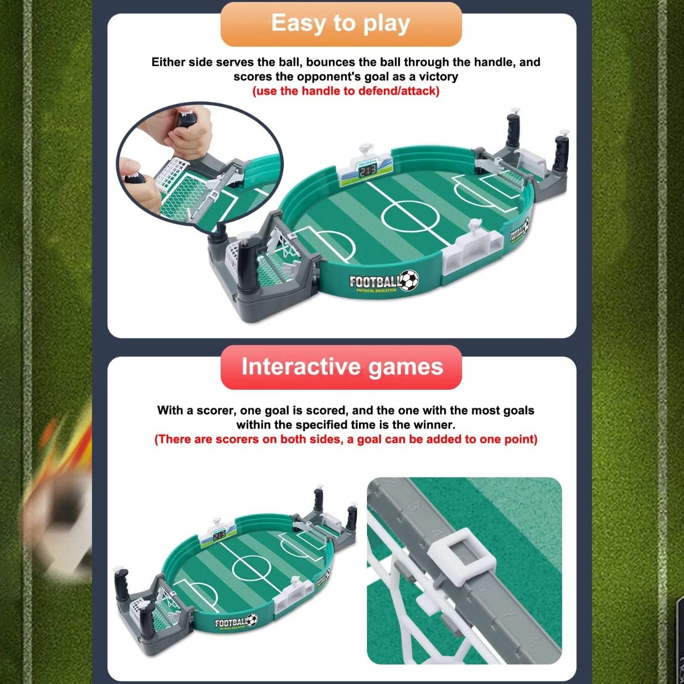 Compact mini football table game with manual player rods and a green pitch for indoor use.