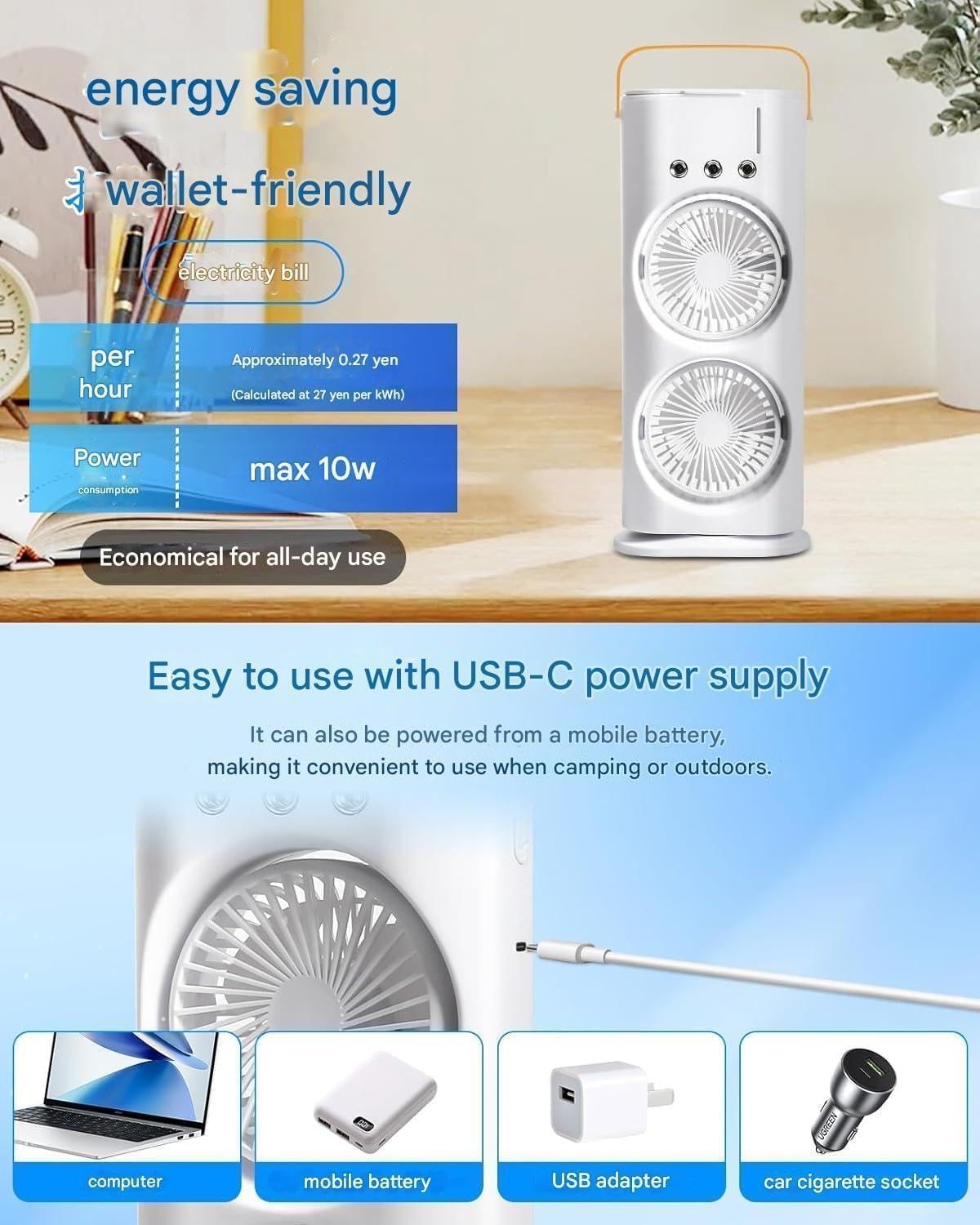 Rechargeable double ended spray fan with dual misting nozzles for portable personal cooling.