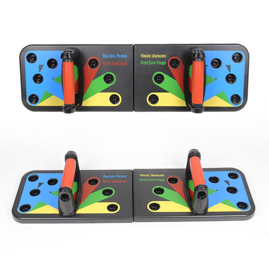 Push-up board with color coded grips for targeted strength training and home workouts